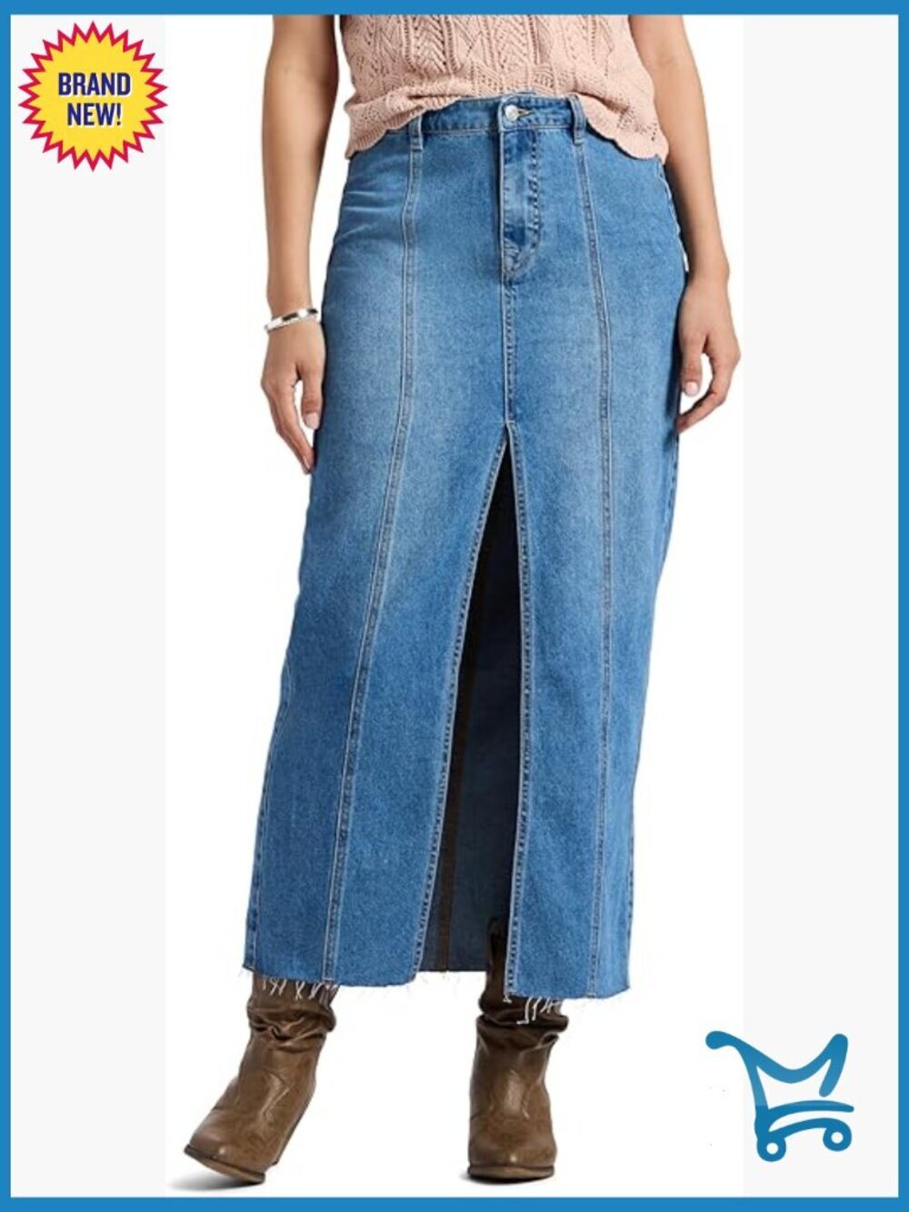 High Waist Denim Maxi Skirt with Front Slit - Size M